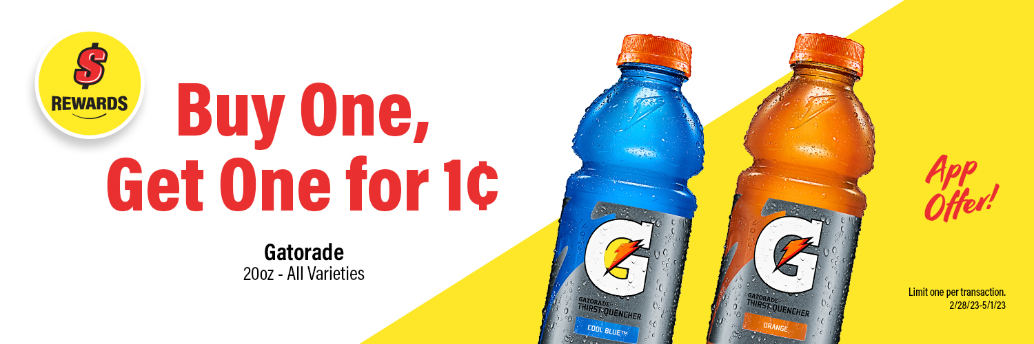 Buy one, get one for 1¢ any 20 oz Gatorade